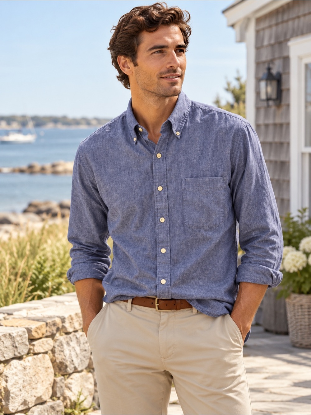 Brooks Brothers Original Polo Blue Button-Down Linen Shirt Men M Preppy Coastal